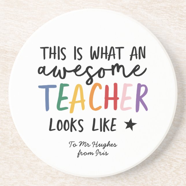 Awesome teacher modern typography rainbow gift coaster (Front)