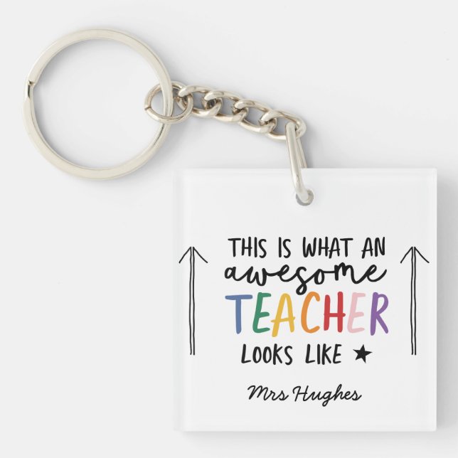 Awesome teacher modern typography rainbow gift keychain (Front)