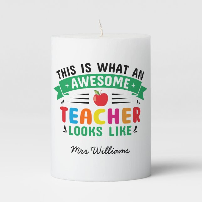 Awesome teacher modern typography rainbow gift pillar candle (Front)