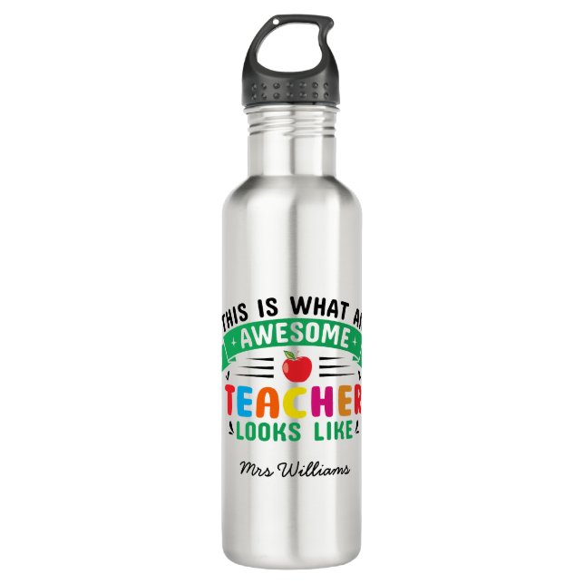 Awesome teacher modern typography rainbow gift stainless steel water bottle (Front)