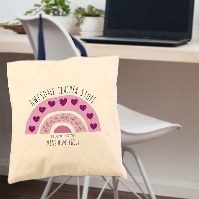 Awesome Teacher Stuff Boho Rainbow Personalized Tote Bag (Creator Uploaded)