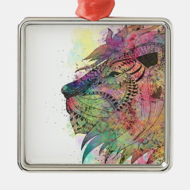 Awesome tribal watercolor lion design metal ornament (Front)