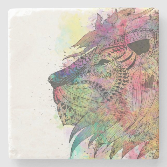 Awesome tribal watercolor lion design stone coaster (Front)