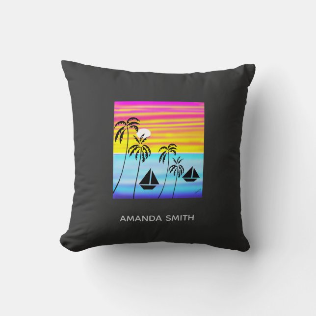 Awesome Tropical Tropical Sunset Sailing Throw Pillow (Front)