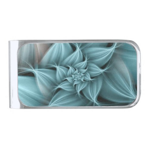 Awesome Turquoise Flower Fractal  Silver Finish Money Clip