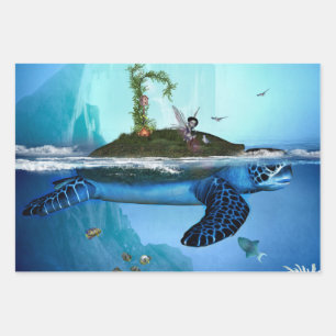 Awesome turtle with fairy and birds wrapping paper sheets