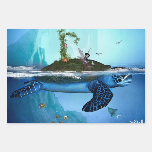 Awesome turtle with fairy and birds wrapping paper sheets (Front)