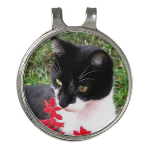 Awesome Tuxedo Cat in Garden Golf Hat Clip