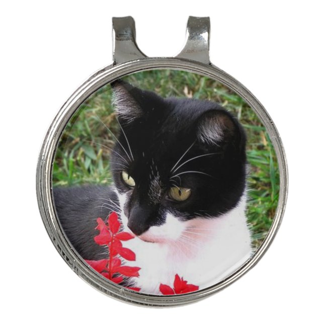 Awesome Tuxedo Cat in Garden Golf Hat Clip (Front)