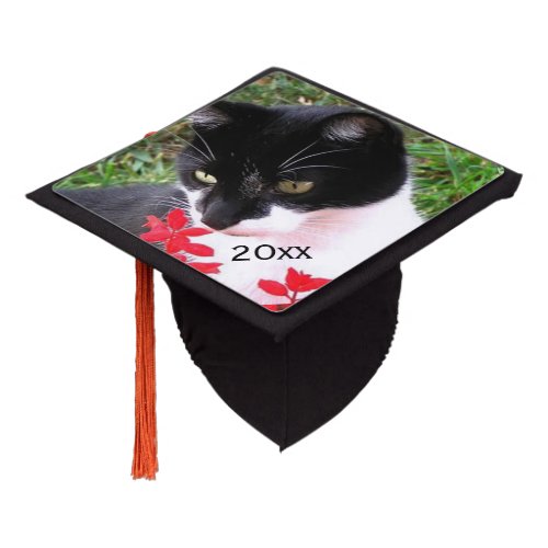 Awesome Tuxedo Cat in Garden Graduation Cap Topper