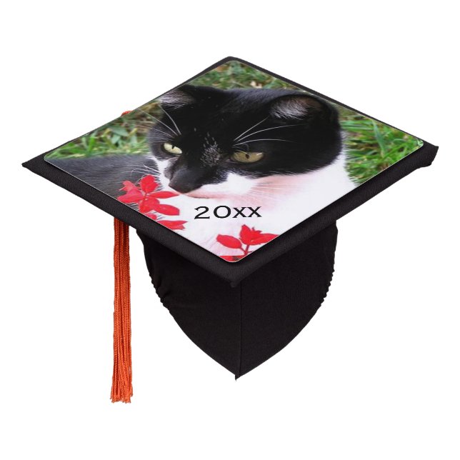 Awesome Tuxedo Cat in Garden Graduation Cap Topper (Angled)