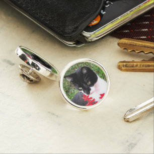 Awesome Tuxedo Cat in Garden Lapel Pin