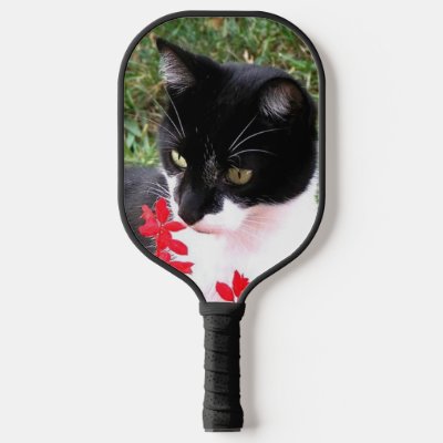Awesome Tuxedo Cat in Garden Pickleball Paddle