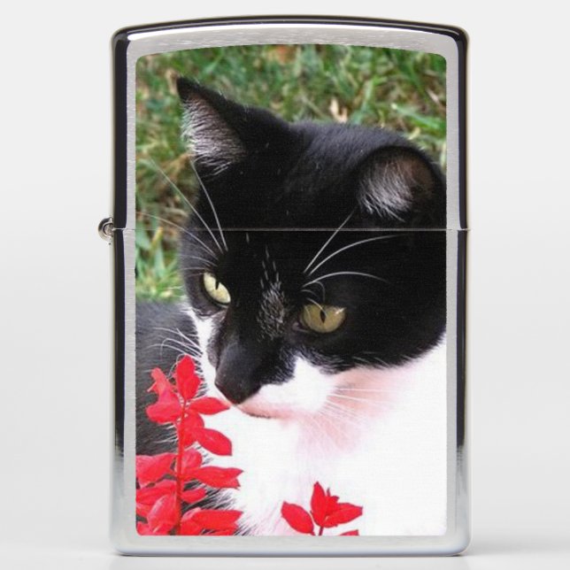 Awesome Tuxedo Cat in Garden Zippo Lighter (Front)