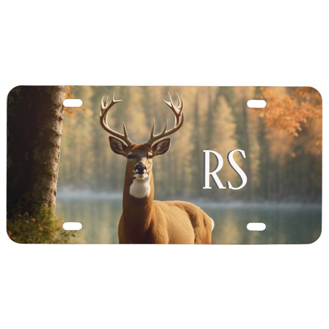 Awesome Twelve Point Buck Autumn Waters Monogram License Plate (Front)