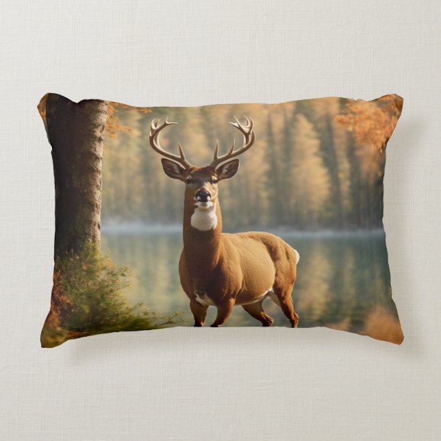Awesome Twelve Point Buck in Autumn Waters Accent Pillow (Front)