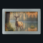 Awesome Twelve Point Buck in Autumn Waters Belt Buckle<br><div class="desc">Twelve point rack on a fabulous deer. Checking out the area of woods in the fall as he is standing on the bank of a small lake.</div>