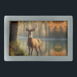 Awesome Twelve Point Buck in Autumn Waters Belt Buckle<br><div class="desc">Twelve point rack on a fabulous deer. Checking out the area of woods in the fall as he is standing on the bank of a small lake.</div>