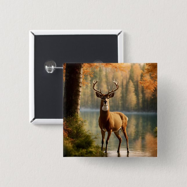 Awesome Twelve Point Buck in Autumn Waters Button (Front & Back)
