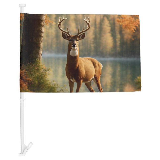 Awesome Twelve Point Buck in Autumn Waters Car Flag (Front)