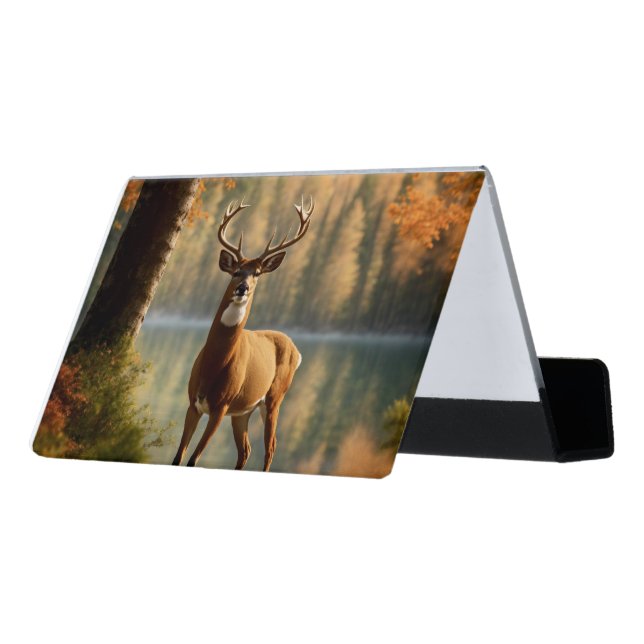 Awesome Twelve Point Buck in Autumn Waters Desk Business Card Holder (Angled Back)