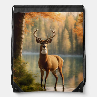 Awesome Twelve Point Buck in Autumn Waters Drawstring Bag