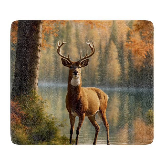 Awesome Twelve Point Buck in Autumn Waters Glass Cutting Board (Front)