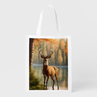 Awesome Twelve Point Buck in Autumn Waters Grocery Bag