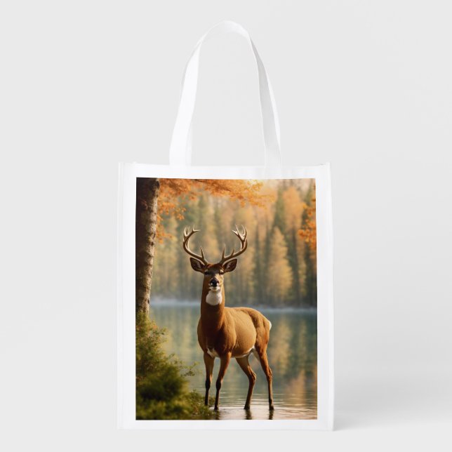 Awesome Twelve Point Buck in Autumn Waters Grocery Bag (Front)