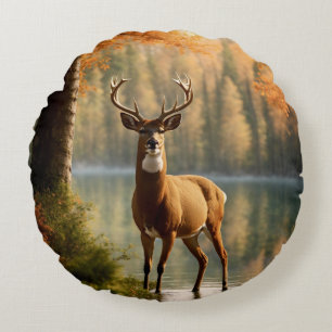 Awesome Twelve Point Buck in Autumn Waters Round Pillow