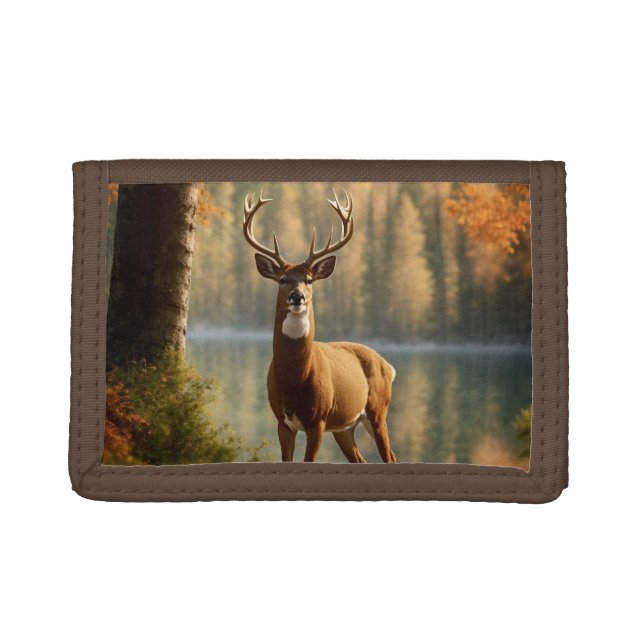 Awesome Twelve Point Buck in Autumn Waters Trifold Wallet (Front)