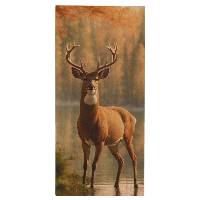 Awesome Twelve Point Buck in Autumn Waters Wood Flash Drive (Back (Vertical))