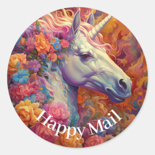 Awesome Unicorn Happy Mail Classic Round Sticker