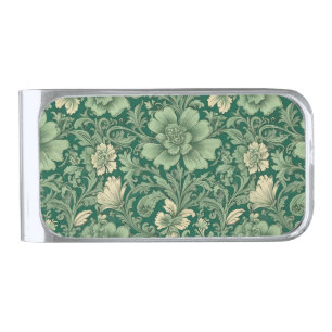 Awesome Vintage Green Floral Pattern Silver Finish Money Clip