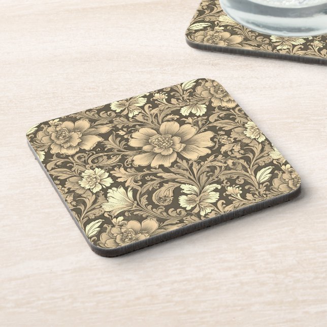 Awesome Vintage Sepia Floral Pattern  Beverage Coaster (Left Side)