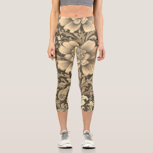 Awesome Vintage Sepia Floral Pattern Capri Leggings