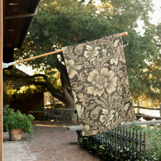 Awesome Vintage Sepia Floral Pattern  House Flag (In SItu)
