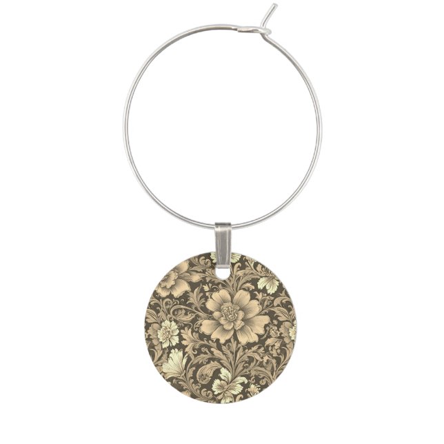 Awesome Vintage Sepia Floral Pattern  Wine Charm (Front)