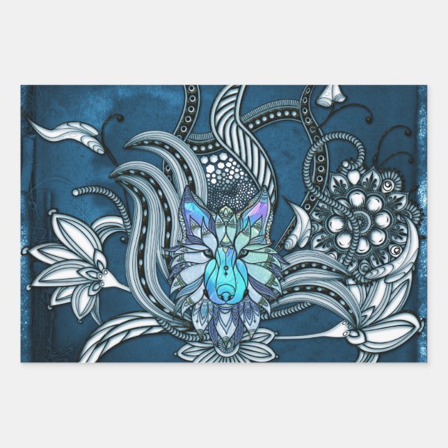Awesome wolf, lineart design wrapping paper sheets (Front)