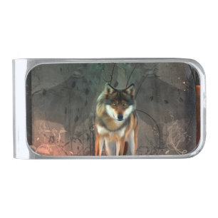 Awesome wolf on vintage background silver finish money clip