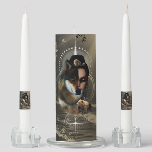 Awesome wolf with fairy unity candle set