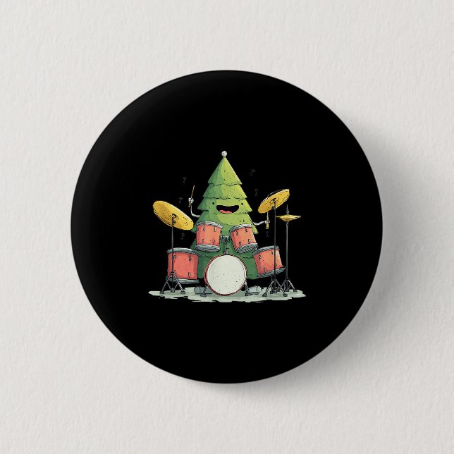 Awesome Xmas Tree With Drums For Rocking Christmas Button (Front)