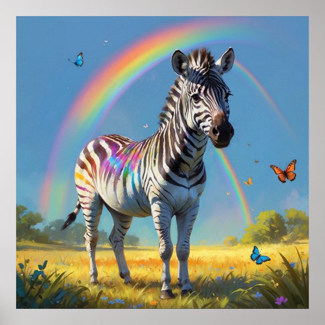 Awesome Zebra in Wild with Rainbow and Butterflies Poster (Front)
