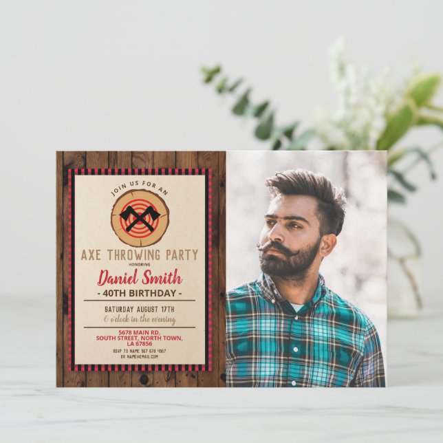 Ax Throwing Birthday Photo Wood Lumberjack Plaid Invitation (Standing Front)