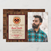Ax Throwing Birthday Photo Wood Lumberjack Plaid Invitation (Front/Back)