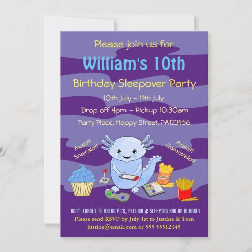 Axalotl Sleepover Birthday  Invitation