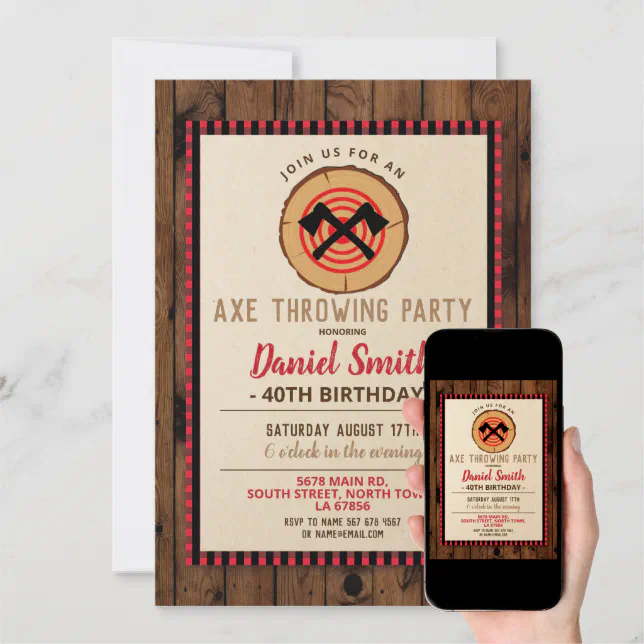 Axe Throwing Birthday Fun Wood Lumberjack Plaid Invitation | Zazzle