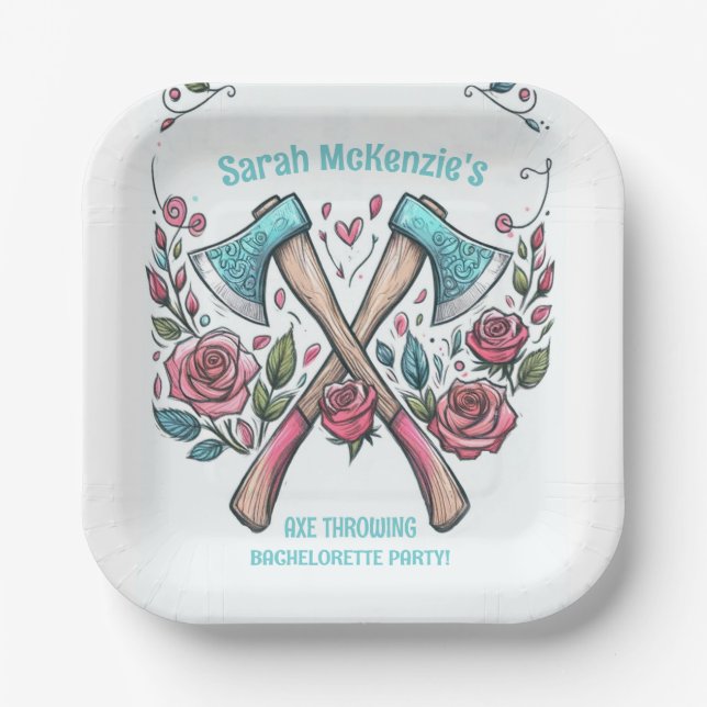 Axes & Roses - Axe Throwing Bachelorette Party Paper Plates (Front)