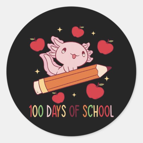 Axolotl 100 Days of Scool with Pencil Walking Classic Round Sticker