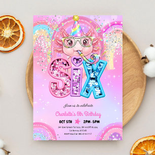 Axolotl 6th Birthday Rainbow Sequin Invitation